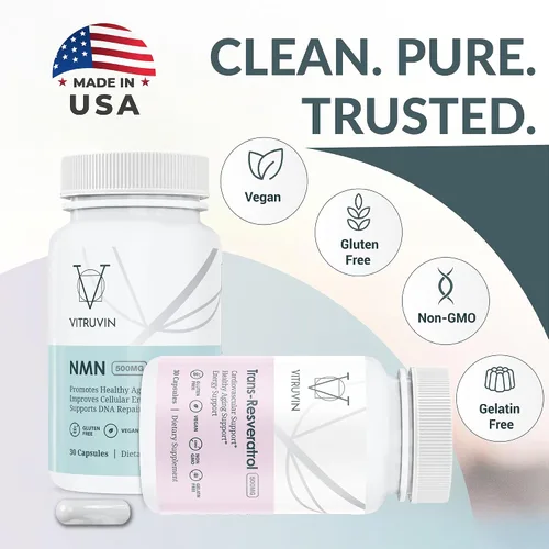 Vista 7 de VITRUVIN Paquete Longevity - NMN 500 mg + Trans-Resveratrol 500 mg con piperina - Vegano, sin OMG, sin gluten, sin gelatina