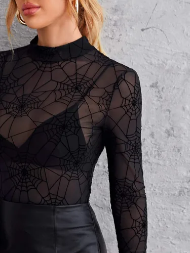 Vista 4 de Floerns - Blusas de malla transparente con estrellas, de manga larga, con cuello alto, para mujer