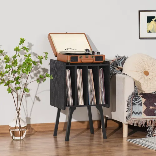 Vista 2 de LELELINKY - Soporte para tocadiscos de 11.7 pulgadas de ancho, mesa de almacenamiento para discos de vinilo color negro con 4 gabinetes, almacena