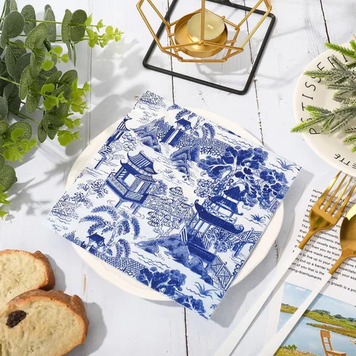 Vista 4 de 80 servilletas de papel desechables de cóctel toscano, servilletas de papel azul y blanco para bebidas para el hogar, fiesta, suministros de mesa