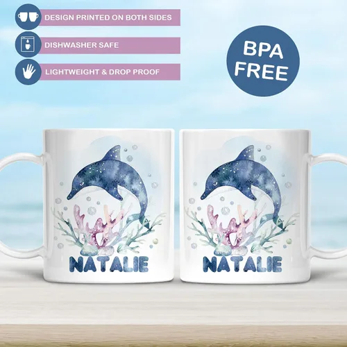 Vista 3 de Taza de delfín personalizada para niños, taza irrompible de animales marinos, apta para lavavajillas, sin BPA, regalo de fiesta infantil