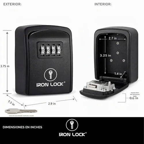 Vista 4 de Iron Lock® Caja de bloqueo de llave pequeña de montaje en pared para llaves exteriores (negro) Combination Lock, Resettable 4-Digit Code, Screw-In