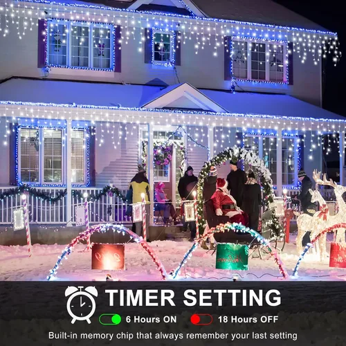 Vista 4 de Luces de carámbano para exteriores, 16.5 pies, 200 luces LED de Navidad para exteriores con 8 modos, impermeables, conectables, tira de luces
