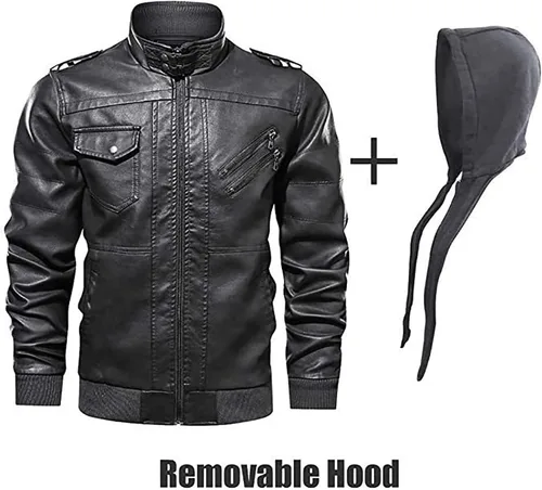 Vista 3 de ROSANI Chaqueta de piel sintética Can-am para hombre, chaqueta de motocicleta con capucha extraíble, impermeable casual con cremallera, color negro
