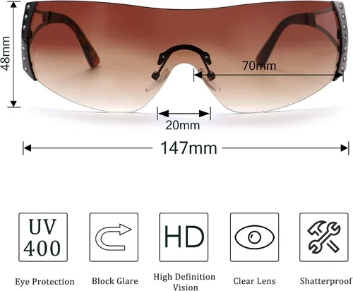 Vista 3 de Gafas de sol Y2K envolventes para mujeres y hombres, gafas de sol con parte superior plana, gafas de sol futuristas sin marco con lentes degradadas
