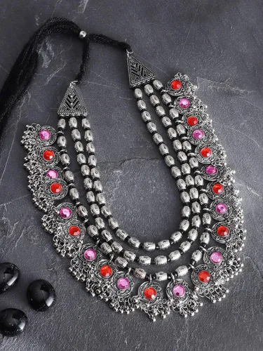 Vista 4 de Crunchy Fashion Bollywood - Collar de metal negro de plata oxidada estilo tradicional indiobohemio tribal tribal indio para mujer, Plata esterlina