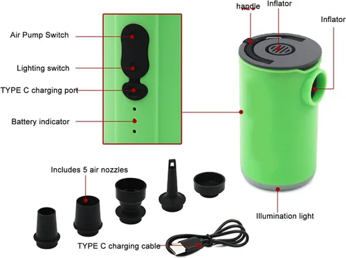 Vista 4 de Tiny Air Pump, Portable Mini Illuminated USB Rechargeable Air Pump with 5 Air Nozzles for Inflatable Bed Sofa (Green)