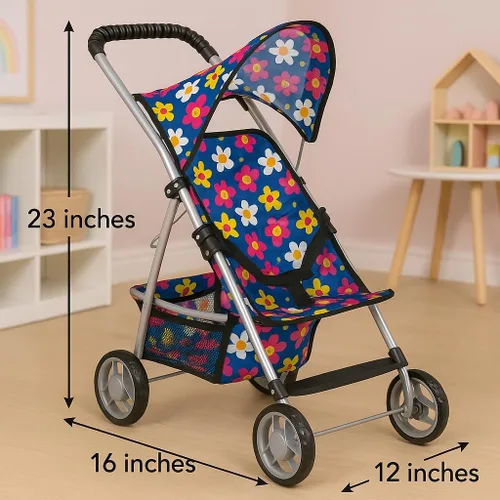 Vista 3 de fash n kolor® - Cochecito de muñeca de lujo con ruedas grandes, diseño de flores, carrito de muñeca con cesta de almacenamiento, cochecito de muñeca