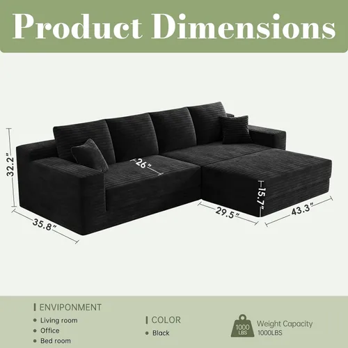 Vista 2 de Sofá modular modular de 106 pulgadas con asiento profundo, sofá de pana en forma de L con diván reversible, juego de 3 piezas para sala de estar