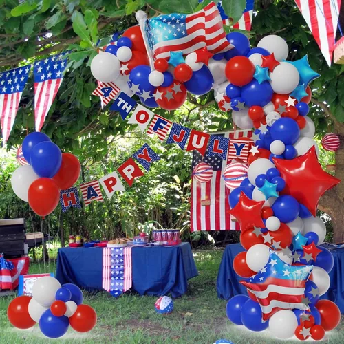 Vista 5 de Kit de arco de guirnalda de globos del 4 de julio, 100 globos azul marino, rojo y blanco con pancarta de papel para suministros de fiesta patriótica