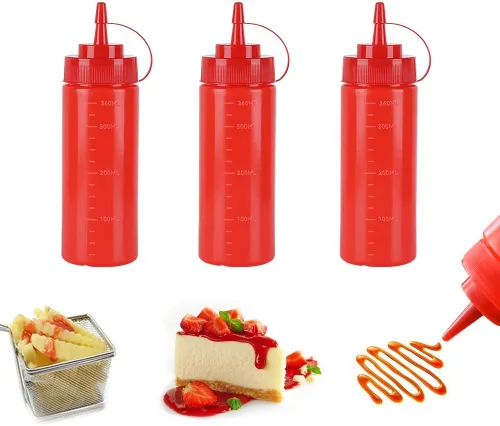 Vista 9 de Botellas de plástico de 3 colores de 12 onzas, botellas para apretar condimentos, botella multiusos para salsa de tomate, aceite, mermelada, salsa