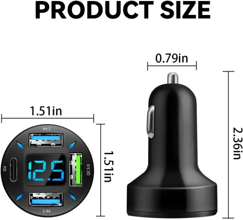 Vista 2 de Cargador de coche USB de 4 puertos, carga súper rápida USB QC 3.0 de 66 W, cargador adaptador USB con voltímetro LED para encendedor de cigarrillos