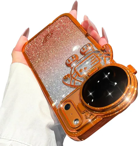 Vista 8 de Funda de teléfono con soporte oculto de astronauta para iPhone 11, bonito protector de cámara de lente de astronauta, soporte con purpurina