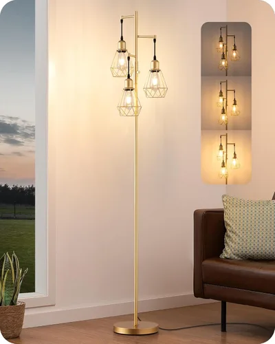 Vista 11 de EDISHINE Lámparas de Pie Estilo Granja de 70 Pulgadas para Sala de Estar, Lámparas Industriales Altas de Pie Regulables con 3 Bombillas LED Edison