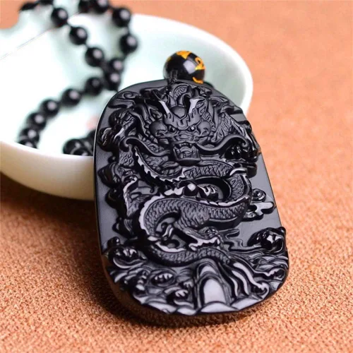 Vista 3 de Colgante valiente de obsidiana natural, cierre seguro, collar de dragón y fénix, estela de dragón chino de piedra tallada, colgante de unicornio