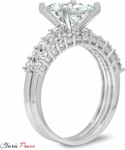 Vista 6 de Juego de anillos de compromiso de 2,66 quilates de corte princesa con moissanita auténtica y diamantes de imitación, de oro blanco sólido de 14
