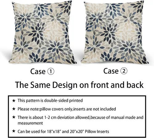 Vista 5 de Juego de 2 fundas de almohada de dalia azul marino de 20 x 20 pulgadas, fundas de almohada cuadradas decorativas de flores geométricas rústicas
