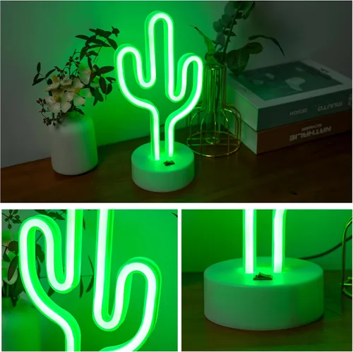 Vista 6 de Luces de neón de cactus verdes con base de soporte, letreros de neón de cactus para dormitorio, mesa, bar, cumpleaños, decoración de Navidad, verano