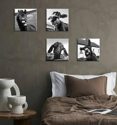 Vista 6 de Arte de pared en blanco y negro para pared, diseño de animales, caballos, burros, ovejas, vacas, cuadros divertidos para decoración de dormitorio