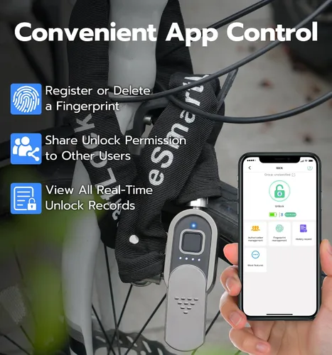 Vista 5 de Anweller Cerradura de cadena para bicicleta de huellas dactilares, resistente al robo, resistente a la intemperie, aplicación Bluetooth bloqueo