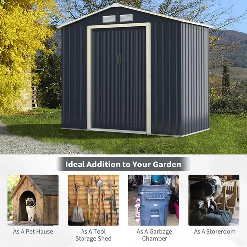 Vista 4 de Goplus Cobertizo de almacenamiento, organizador de metal de 7 x 4 pies, para exteriores, con 4 rejillas de ventilación y doble puerta corrediza