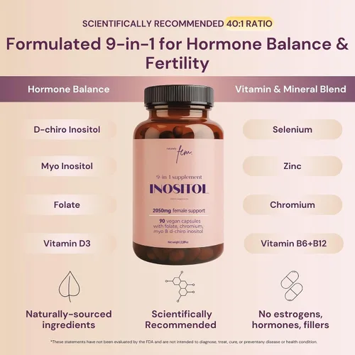 Vista 3 de QSTA Suplemento de mio-inositol y D-Chiro inositol para mujeres 2050 mg (proporción 40:1) - Balance hormonal 9 en 1 y apoyo metabólico con folato