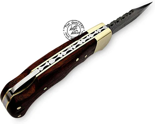 Vista 4 de Cuchillo de bolsillo de damasco hecho a mano de madera de rosa, plegable, cuchillo de caza, cuchillos plegables para hombres con mango de madera