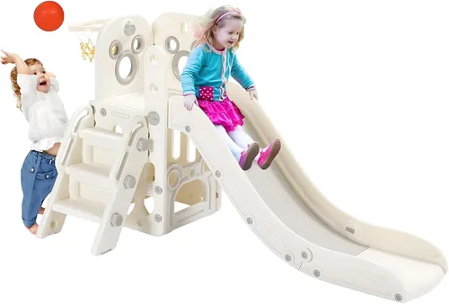 Vista 11 de Arlopu Juego de tobogán 6 en 1 para niños pequeños, tobogán resistente para niños con aro de baloncesto y telescopio, pasos antideslizantes, juego