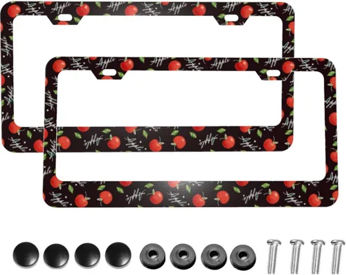 Vista 2 de Dujiea 2 marcos de matrícula de metal de aluminio con patrón de frutas con tapas de rosca, marco de placa de matrícula de 2 agujeros, soporte