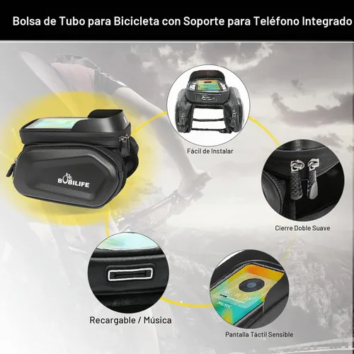 Vista 6 de Bolsa de tubo para marco de bicicleta con soporte táctil para teléfono, bolsa frontal impermeable de dos lados para manillar gemelos con bolsa