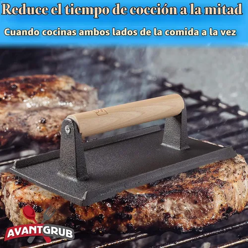 Vista 3 de Grado profesional, parrilla de hierro fundido pre-sazonado, peso 1 paquete. Prensa de carne y hamburguesa resistente con mango de madera