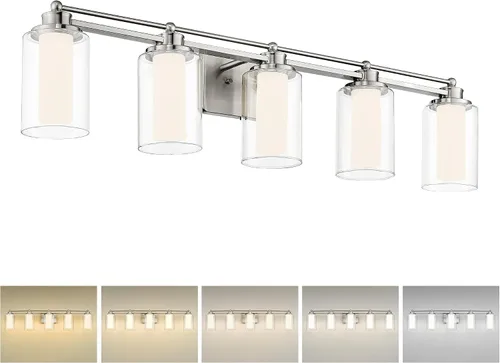 Vista 9 de HWH - Lámpara de tocador cromada con 5 luces sobre espejo, lámpara de pared moderna para baño, 37 pulgadas, acabado cromado, 5HLT63B-5W CH