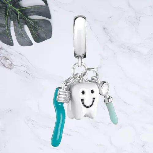 Vista 2 de Cepillo de dientes, dije de espejo de dientes y boca para pulsera o collar, plata de ley 925, Plata esterlina, No es una piedra preciosa