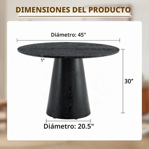 Vista 2 de Mesa de comedor negra, mesa de comedor redonda de 45 pulgadas para 4-6, mesa de comedor moderna con base estable, mesa de cocina negra que ahorra