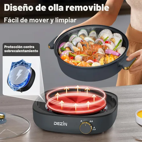 Vista 7 de Dezin Olla eléctrica Shabu Shabu con olla extraíble, olla caliente antiadherente de 4 litros con control de doble potencia, olla eléctrica con tapa