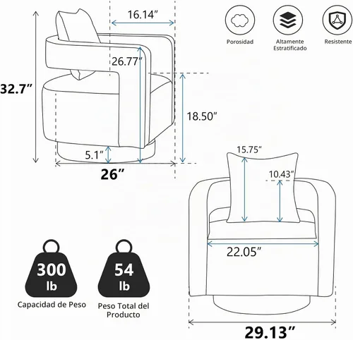 Vista 2 de Silla giratoria decorativa, silla moderna de barril para sala de estar, silla cuadrada cómoda de 360 grados con respaldo abierto, silla tapizada