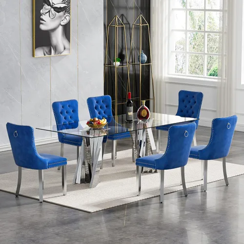 Vista 29 de Juego de mesa de comedor de cristal dorado moderno de 70 pulgadas para 4, juego de mesa rectangular de comedor de cocina de 5 piezas con base