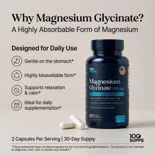 Vista 4 de Glicinato de magnesio 400 mg – 60 cápsulas Suministro para 30 días Magnesio quelado para apoyo muscular, nervioso y sueño Vegano, sin gluten