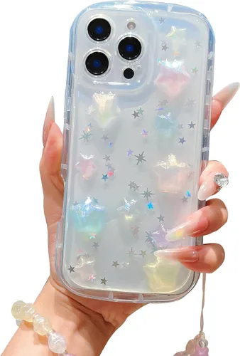 Vista 48 de Compatible con iPhone 11 Pro Funda Transparente Bonita con Diseño de Estrella con Purpurina en 3D con Perlas y Pulsera de Perlas, Diseño de Cadena