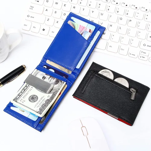 Vista 4 de Cartera plegable para hombre con clip para dinero bolsillo frontal minimalista de cuero con bloqueo RFID
