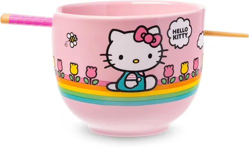 Vista 30 de Silver Buffalo Sanrio Hello Kitty Flowers, cuenco de ramen con palillos Patrón de flores de Hello Kitty