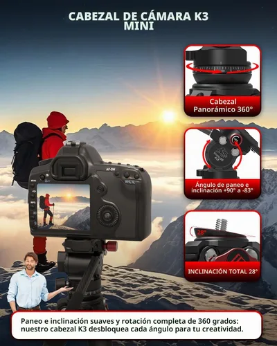 Vista 4 de IFOOTAGE Gazelle - Trípode de viaje TA3B con cabezal de fluido Komodo K3,62/62.0 in Kit de trípode de aleación de aluminio para cámara, teléfono