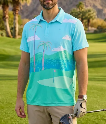 Vista 2 de Tipsy Elves Camiseta polo de golf divertida para hombre - Ropa de golf novedosa Paraíso azul de 8 bits