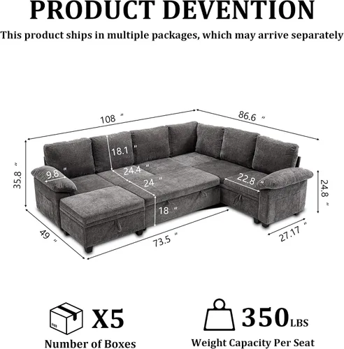 Vista 2 de Sofá modular modular de 108 pulgadas con cama extraíble, sofá cama en forma Gris