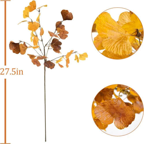 Vista 8 de 6 piezas de hojas de ginkgo artificiales, tallos de vegetación de otoño, flores artificiales de otoño en aerosol para jarrones de otoño, centros