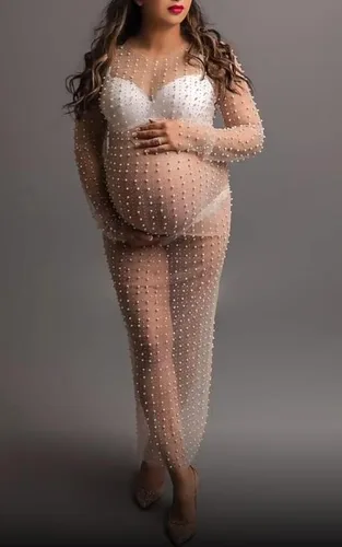 Vista 2 de Leezeshaw Traje de baño de malla transparente con cuentas para mujer, vestido largo tipo túnica de playa para niña