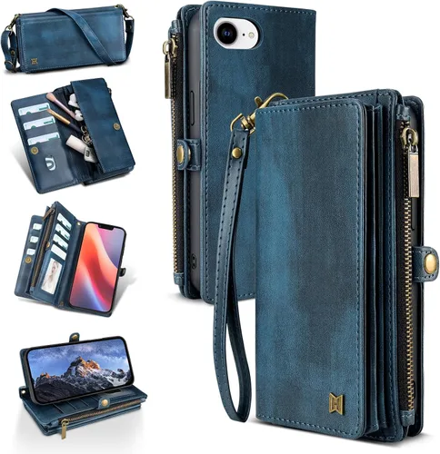 Vista 50 de Funda tipo cartera para iPhone 16 Pro Max con 8 tarjeteros, bloqueo RFID, piel sintética, función atril, abatible, correa de muñeca y correa