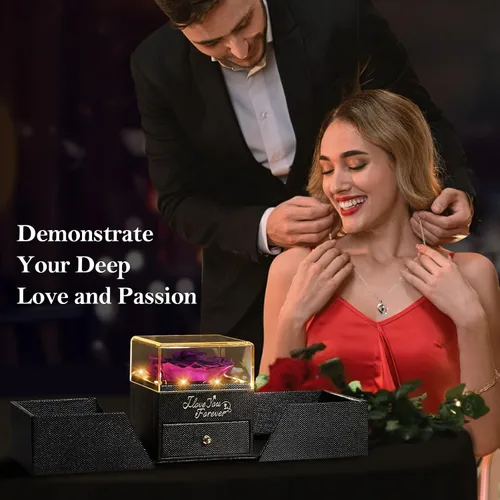 Vista 5 de Emibele Rosa púrpura real preservada con collar de plata de ley S925 y pulsera con dije de corazón