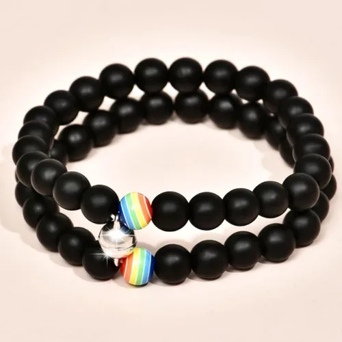 Vista 4 de Disfraz de collar de diamantes a la moda negro blanco arco iris imán de cuentas de hierro para parejas conjunto de pulseras de cuentas de arco iris