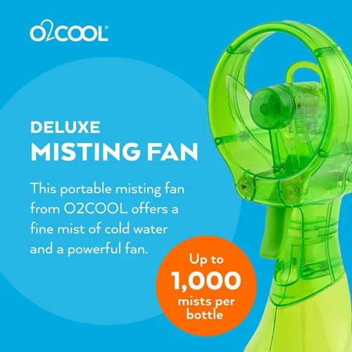 Vista 2 de O2COOL - Ventilador de mano de lujo, funciona con pilas, ventilador pulverizador de agua (verde) Sí